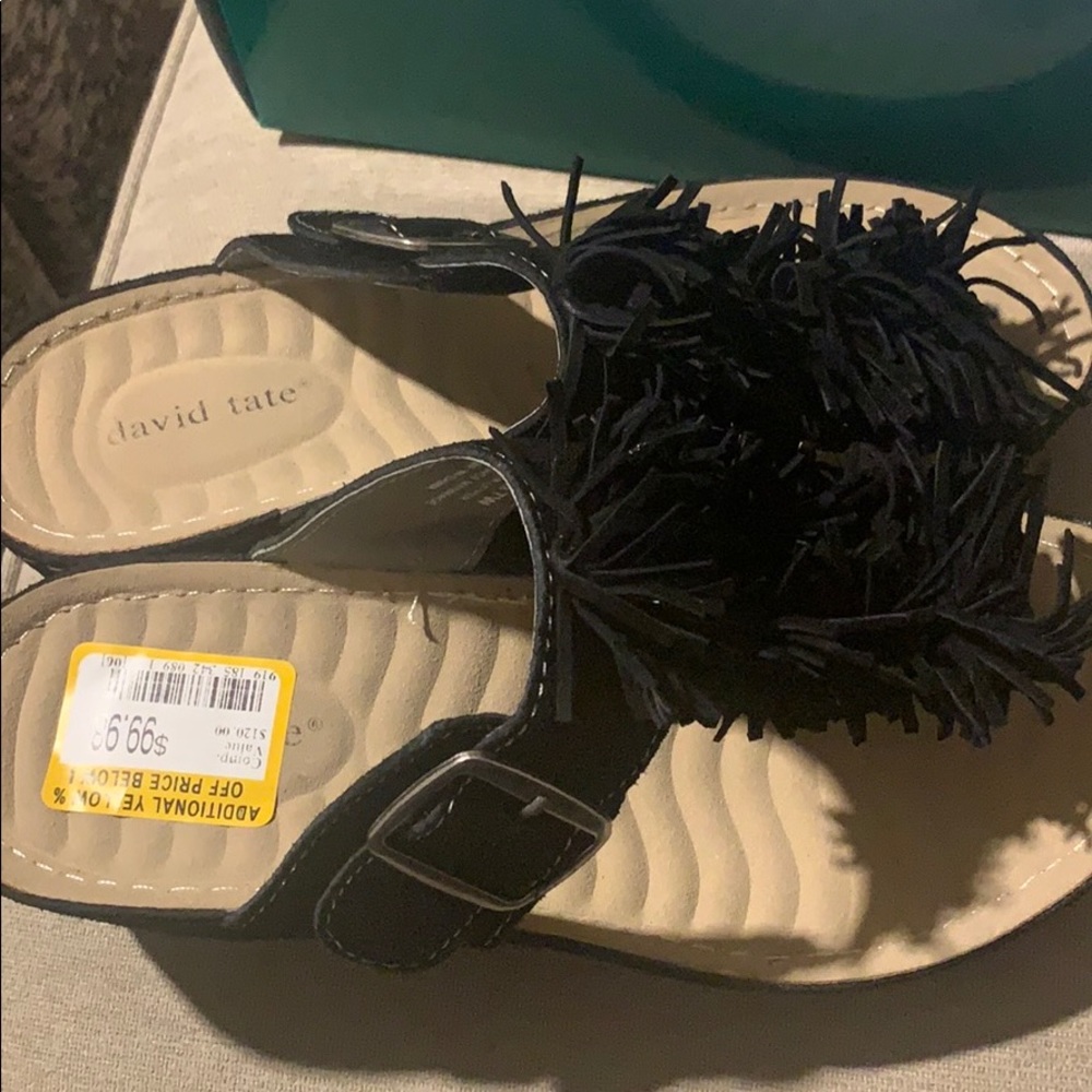 David Tate black suede thong toe with fringe.